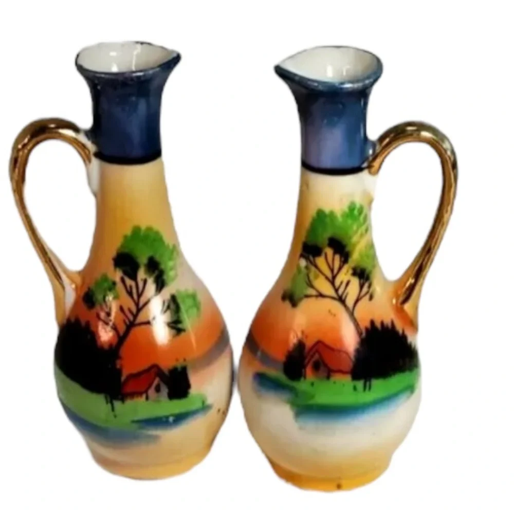 Vintage T&T Japan Hand Painted Porcelain Bud Vase Pair Cottage Scene